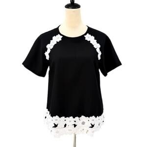 Kate Spade Black & White Floral Applique Trim Crepe Zip Short Sleeve Blouse Top